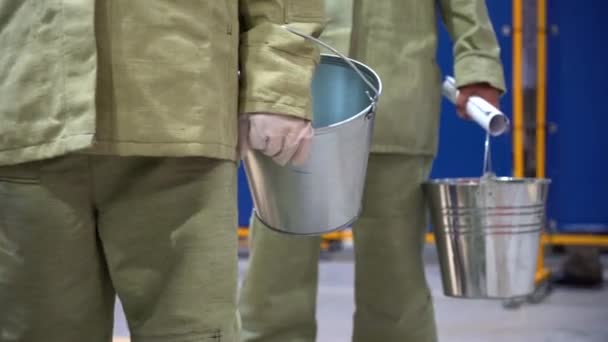 Workers Wear Heavy Work Clothes White Gloves Hold Galvanized Buckets — Stock Video