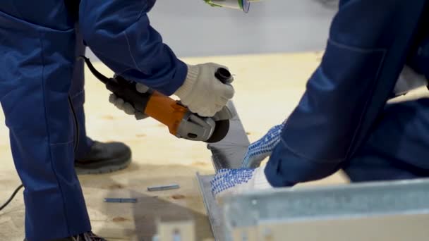 Man Wear Blue Work Suit White Gloves Use Angle Grinder — Αρχείο Βίντεο