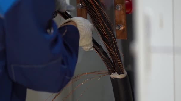 Werknemer Blauwe Kleding Witte Handschoenen Werkt Elektrische Schakelbord Dikke Drie — Stockvideo