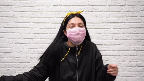 Pretty Happy Caucasian Woman Long Black Hair Sport Jacket Yellow — Stock Video
