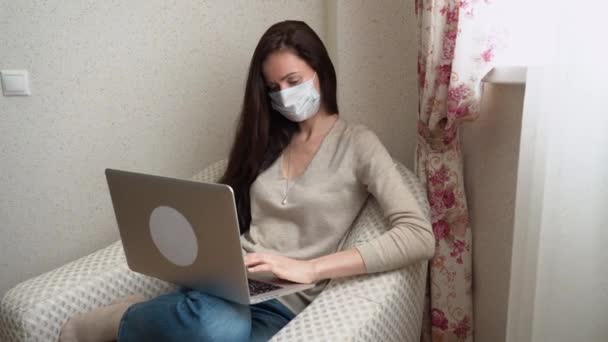 Sick Charming Student Girl Wear Protective Medical Face Mask Using — Stock Video