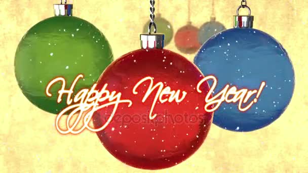 Soyut arka planını tebrik kartı, animasyon döndürme 3d crystal ağacı oyuncaklar, kar ve metnin hemen "Happy New Year!" Noel dekorasyonu. kırmızı, yeşil ve mavi cam topları bir altın. 2017. — Stok video