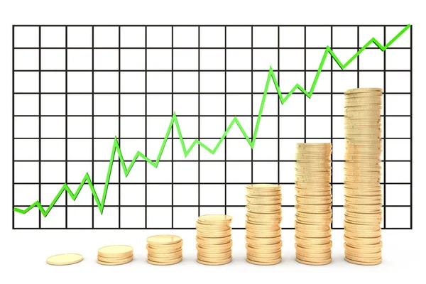3D-Abbildung: Metall-Kupfer-Gold-Münzen Diagramm Aktienmarkt mit grüner Linie - Pfeil auf weißem Hintergrund isoliert. Gewinnsteigerung. — Stockfoto
