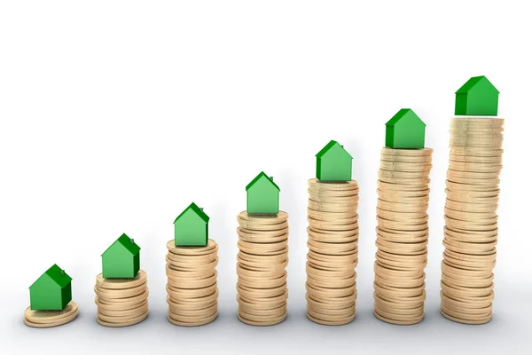 3d imagen: alta calidad de renderizado: concepto de hipoteca. Casas verdes en pilas de monedas de oro aisladas sobre fondo blanco Gráfico de cobre metálico gráfico de la casa mercado de valores . —  Fotos de Stock