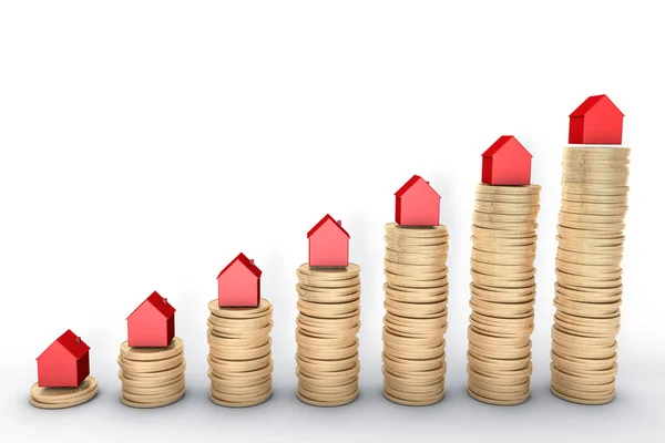 Εικόνα 3D: απόδοση υψηλής ποιότητας: έννοια της υποθήκης. Κόκκινα σπίτια σε στοίβες των χρυσών νομισμάτων που απομονώνονται σε λευκό φόντο μεταλλικό χαλκό σπίτι γράφημα γράφημα χρηματιστηριακή αγορά. — Φωτογραφία Αρχείου