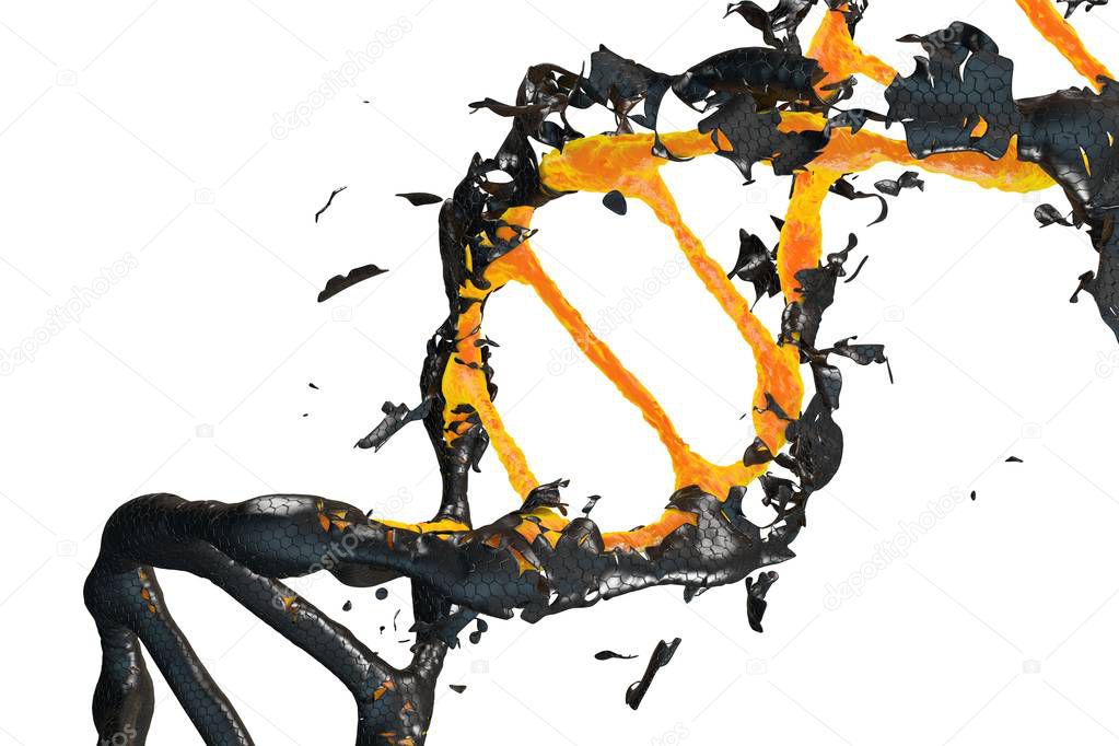 3d image: DNA molecule consists of the collapsing. Genetic mutation and combating viruses.  Science and medic concept. Destroyed structure. Nano technology. Orange and black. white background isolated