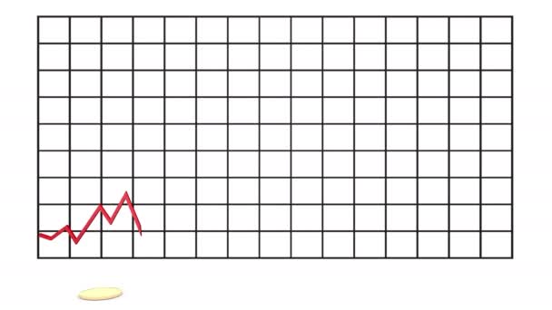 3d animation: Metal copper-gold coins graph chart stock market  with red line - arrow on a white background isolated. Profit increase. Alpha matte channel. — Stock Video