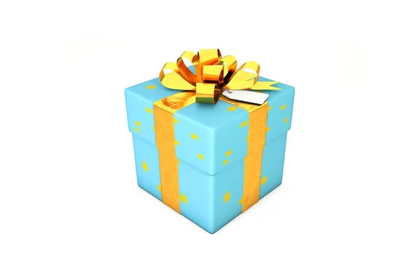 Ilustración 3d: Caja de regalo azul claro con estrella amarilla, cinta de metal dorado / arco y etiqueta sobre un fondo blanco aislado . —  Fotos de Stock