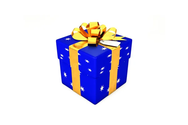 Ilustración 3d: Caja de regalo azul oscuro brillante con estrella, cinta de metal dorado / arco y etiqueta sobre un fondo blanco aislado . — Foto de Stock