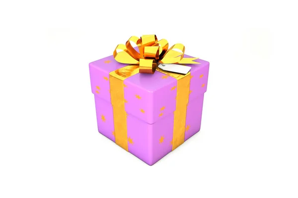 3d illustration: Purple - violet gift box with star, golden metal ribbon / bow and tag on a white background isolated. — Stock Photo, Image