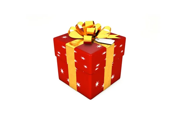 3d illustration: Red-scarlet gift box with star, golden metal ribbon / bow and tag on a white background isolated. — Stock Photo, Image