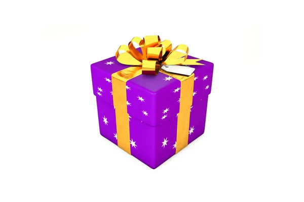 3d ilustración: púrpura - caja de regalo violeta con estrella, cinta de metal dorado / arco y etiqueta sobre un fondo blanco aislado . — Foto de Stock