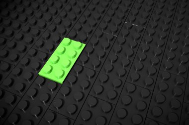 3D çizim: yeşil yumuşak oyuncaklar parça yalan ayrı ayrı üzerinde siyah bir arka plan oluk eklenir. İş kavramı: benzersiz, herkes gibi değil. küp çocuk aleti plastik kümesinin.