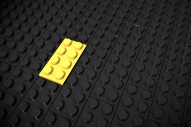 3D çizim: sarı yumuşak oyuncaklar parça yalan ayrı ayrı üzerinde siyah bir arka plan oluk eklenir. İş kavramı: benzersiz, herkes gibi değil. küp çocuk aleti plastik kümesinin.