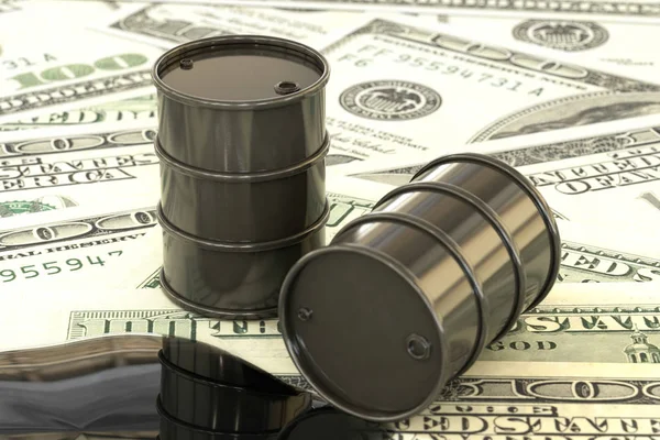 3d ilustración: barriles negros de petróleo se encuentran en el fondo del dinero en dólares. Negocios petroleros, oro negro, producción de gasolina, charco. Compra venta, subasta, bolsa de valores . — Foto de Stock