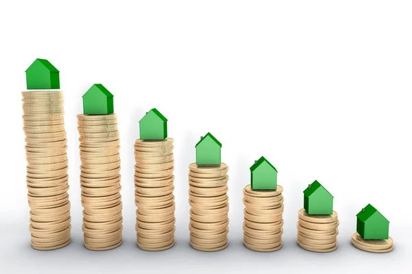 Ilustración 3d: representación de alta calidad: concepto de hipoteca. Casas verdes en pilas de monedas de oro aisladas sobre fondo blanco Gráfico de cobre metálico gráfico de la casa mercado de valores . —  Fotos de Stock