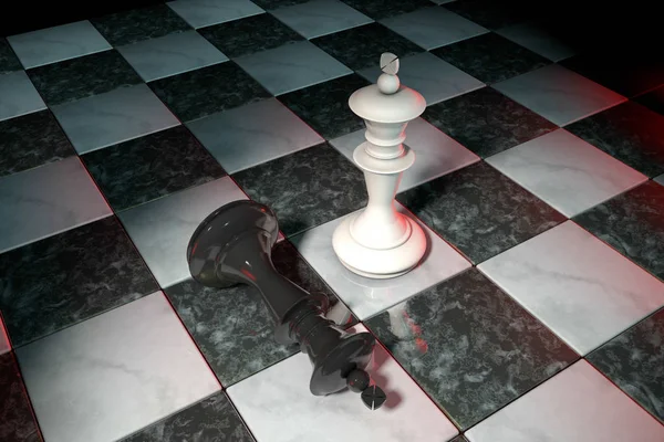 3D illustration: två chess siffror på spelfältet. Vita king är en vinnare och en förlorare svart ligger framstupa vid hans fötter. Sjunkit. Marmor brädspel. Spot red light. Mörker. Affärsstrategi — Stockfoto