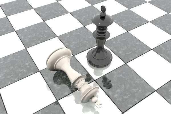 3d illustration: Dos figuras de ajedrez en el campo de juego. El rey negro es un ganador y un perdedor blanco yace postrado a sus pies. Caído. Mármol Juego de mesa. Estrategia de negocios. Educación —  Fotos de Stock