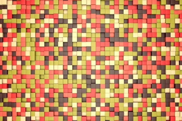 3d illustration: mosaic abstract background, colored blocks brown, red, pink, green, beige, yellow color. fall, autumn. Range of shades. small squares, cell. Wall of cubes. Pixels art.