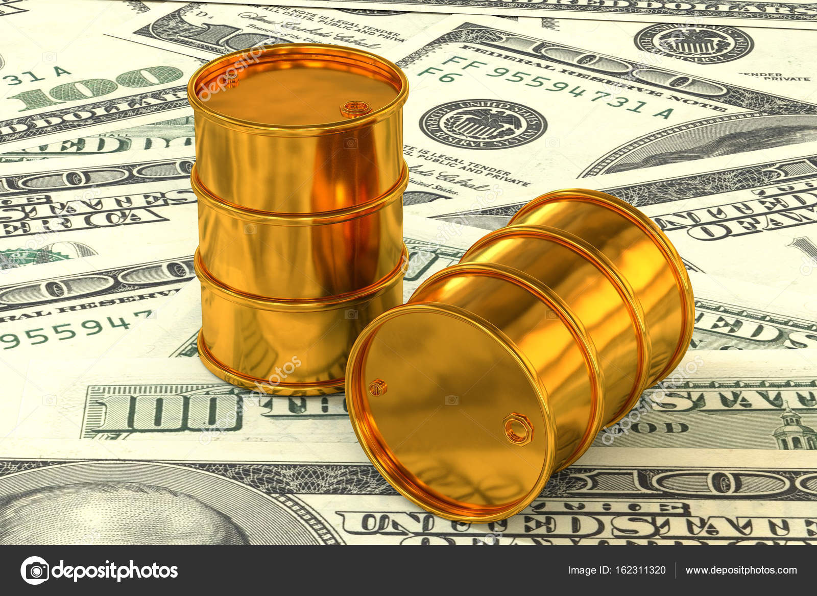 3d illustration Golden barrels of oil lie on the background of dollar