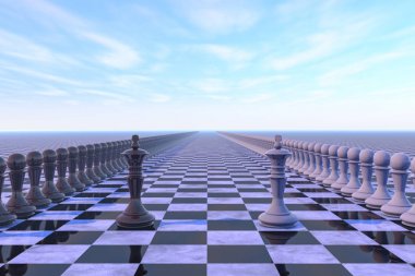 3D çizim: askeri-politik kavramı. Satranç alan rakamları kralların, asker, kırmızı beyaz renkleri liderleri ile dizilmiş karşılıklı. Bulutlar ile mavi gökyüzü arka plan üzerinde. 