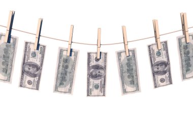 3D çizim: ip giyim pimleri ekli, iş kavramı, kara para aklama, offshore, yasadışı siyah nakit üzerinde kurumaya yüz dolar banknot buruşuk. Yeşil dolar.