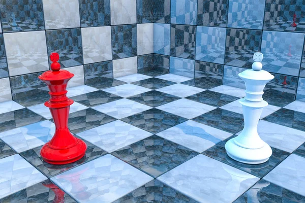 3D illustratie: twee chess cijfers op het speelveld. Rode en witte koningen staan tegenover elkaar. Confrontatie. Wachten op het begin van de slag. Conflict. De koude oorlog. Marmeren bordspel. — Stockfoto