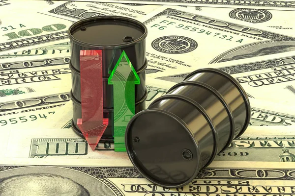 Illustrazione 3d: barili di petrolio si trovano sulle banconote di noi dollaro. Soldi. Frecce di vetro trasparente verde, rosso. Le quotazioni vanno su e giù. Affari petroliferi, benzina. Acquisto vendita, asta, borsa valori . — Foto Stock