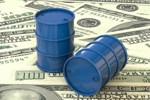 3d ilustración: Barriles azules de petróleo se encuentran en el fondo del dinero en dólares. Negocios petroleros, oro negro, producción de gasolina. Compra venta, subasta, bolsa de valores . — Foto de Stock