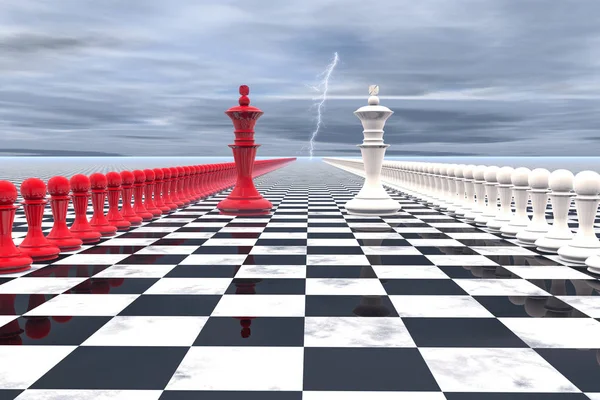 3D illustration: militär-politiskt koncept. Chess fält med siffror av kungar, ledare av deras trupper, röd vita färger är uppradade mittemot varandra. På bakgrund av dyster sky lightning. — Stockfoto