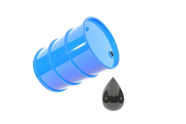 3d illustration: blue metal barrel of gasoline tipped with a huge drop of oil drips down. Isolated on white background with empty space for text. — Stock Photo, Image