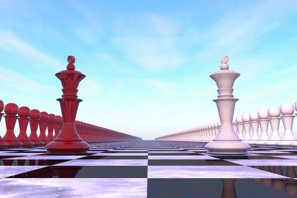 3D illustration: militär-politiskt koncept. Chess fält med siffror av kungar, ledare av deras trupper, röd vita färger är uppradade mittemot varandra. På bakgrund av blå himmel med moln. — Stockfoto