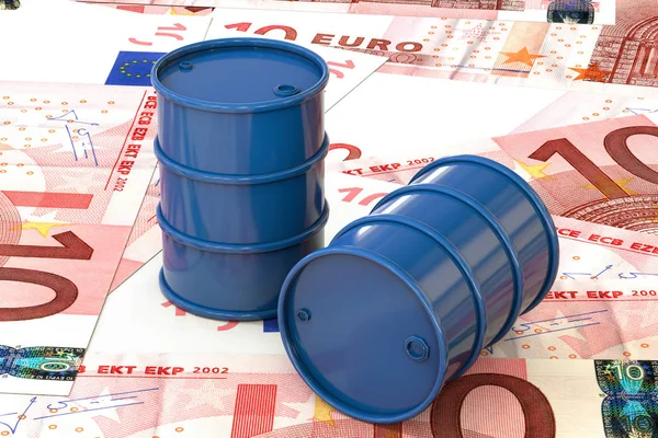3d ilustración: Barriles azules de petróleo se encuentran en el fondo del billete de diez euros, Unión Europea. Dinero. Negocios petroleros, oro negro, producción de gasolina. Compra venta, subasta, bolsa de valores . — Foto de Stock