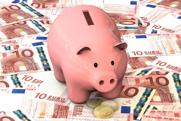 3d 插图： 粉红小猪银行与铜硬币美分躺在钞票的背景十欧元，欧洲联盟。钱。银行的经营理念。投资、 存款、 贷款、 存储、 现金. — 图库照片