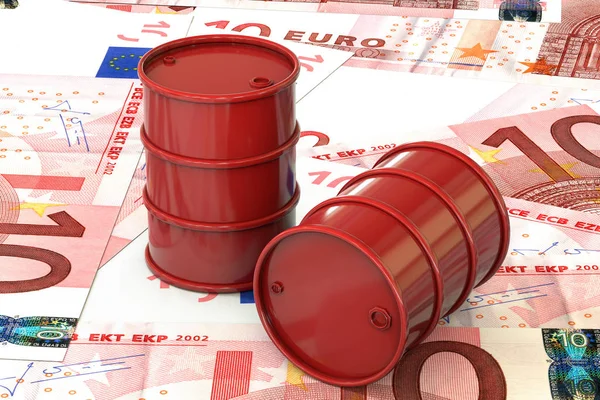 3d ilustración: Barriles rojos de petróleo se encuentran en el fondo del billete de diez euros, la Unión Europea. Dinero. Negocios petroleros, oro negro, producción de gasolina. Compra venta, subasta, bolsa de valores . — Foto de Stock
