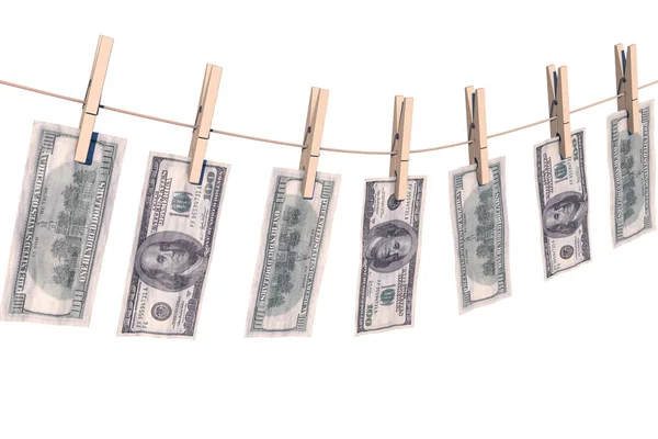 3D çizim: ip giyim pimleri ekli, iş kavramı, kara para aklama, offshore, yasadışı siyah nakit üzerinde kurumaya yüz dolar banknot buruşuk. Yeşil dolar.