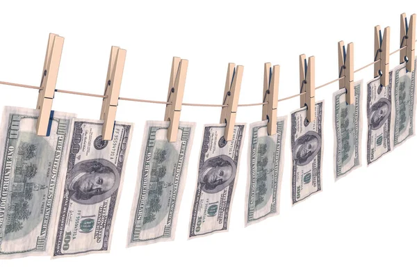 3d illustration: crumpled banknote hundred dollars to dry on the rope clothes pins attached, business concept, money laundering, offshore, illicit black cash. Green bucks.