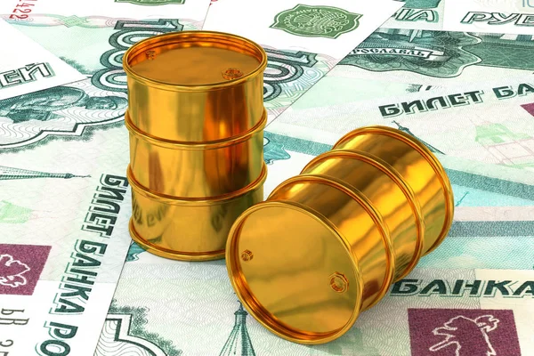 3D απεικόνιση: Χρυσή βαρέλια πετρελαίου βρίσκονται στο φόντο των Ρούβλι, Ρούβλι χρήματα. Επιχείρηση, μαύρο χρυσό, βενζίνη παραγωγής πετρελαίου. Αγορά πώληση, δημοπρασία, Χρηματιστήριο. Ρωσική κυβέρνηση. Εικόνα Αρχείου