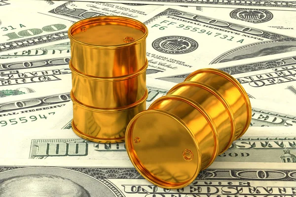 Illustrazione 3d: barili d'oro di petrolio si trovano sullo sfondo di denaro dollaro. Affari petroliferi, oro nero, produzione di benzina. Acquisto vendita, asta, borsa valori . Immagine Stock