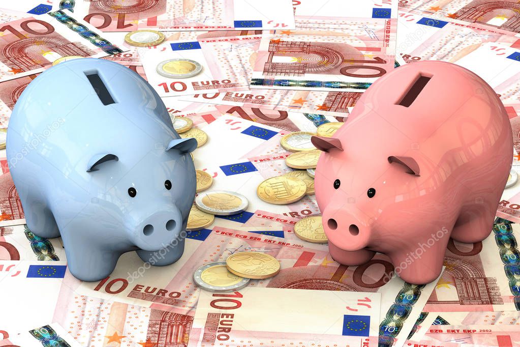 3d illustration: blue and pink piggy bank with copper coins cents lie on the background of banknote ten Euro. Banking business concept. Investments, deposits, storage, cash. The problem of choice.