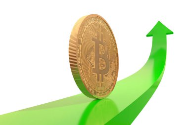 Altın bitcoin sikke üzerinde Yeşil ok yukarı doğru