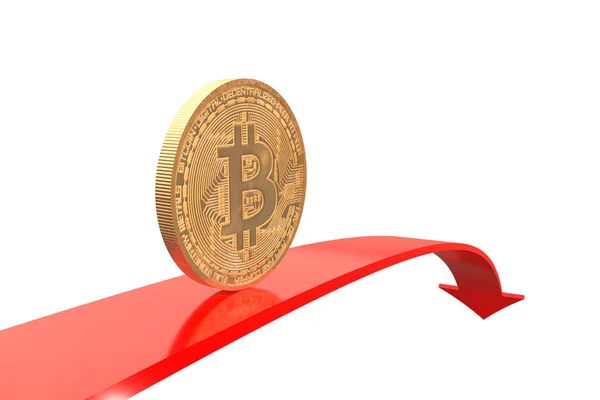Bitcoin d'oro sulla freccia rossa verso il basso Immagini Stock Royalty Free