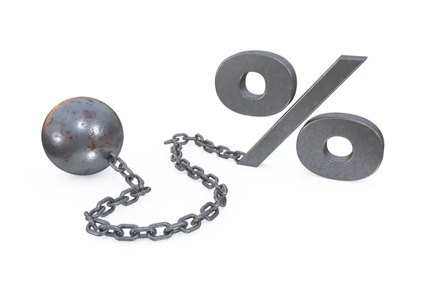 Ruggine palla di ferro e catena con il bracciale appeso per cento simbolo su sfondo bianco . Foto Stock Royalty Free