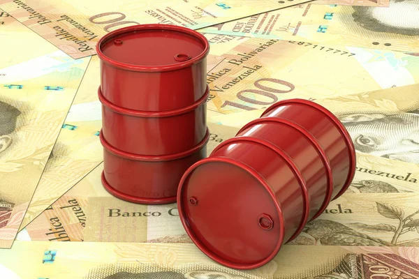 Κόκκινα βαρέλια πετρελαίου βρίσκονται στο φόντο του τραπεζογραμματίου εκατό μπολίβαρ, Βενεζουέλα Φωτογραφία Αρχείου