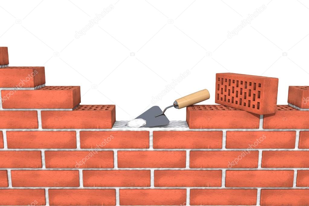 unfinished red brick wall with mortar, trowel on white background isolated.