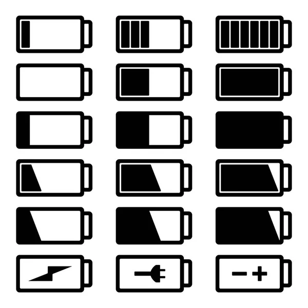 Batería plana icono negro conjunto ilustración vectorial aislado sobre fondo blanco — Archivo Imágenes Vectoriales