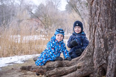 Tırmanma ve ağaç kök gülümseyen iskambil, sonbahar manzara üzerinde iki küçük çocuk