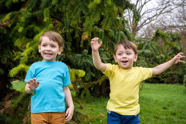 Retrato de cerca de dos hermanos pequeños caucásicos riéndose afuera en el parque en el día de verano — Foto de Stock