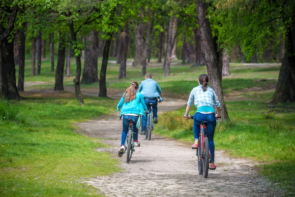 Rodzice z córka jazda Bikes w parku lub latem lesie. Vie — Zdjęcie stockowe