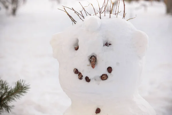 Das kalte Gesicht des Schneemanns hat Karottennase, Pfeife und Knopfaugen. roter Schal Strohhut. — Stockfoto